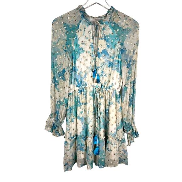 Hemant & Nandita Blue Floral Georgette Metallic Mini Dress XS Sheer *Read - Picture 2 of 11